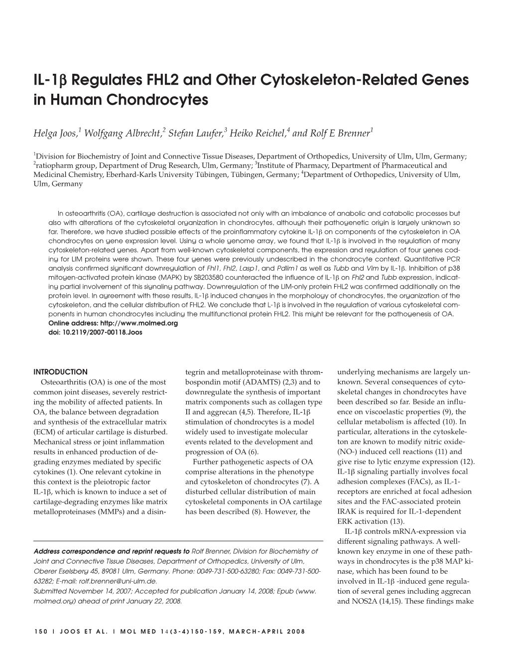 IL-1Β Regulates FHL2 and Other Cytoskeleton-Related Genes in Human Chondrocytes