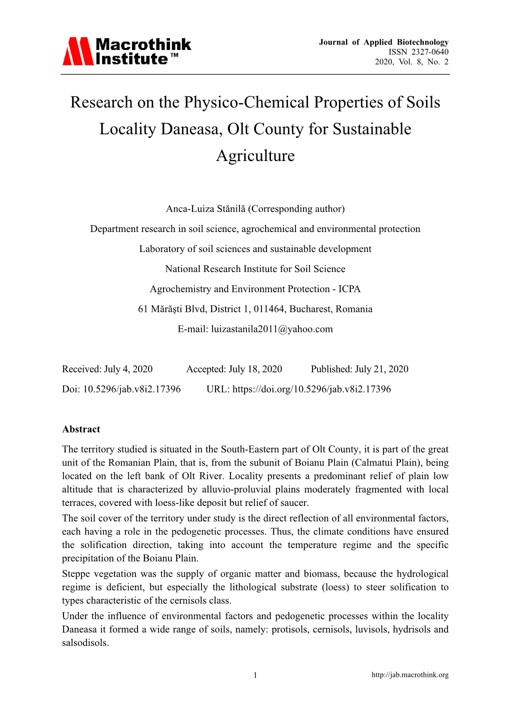 Research on the Physico-Chemical Properties of Soils Locality Daneasa, Olt County for Sustainable Agriculture