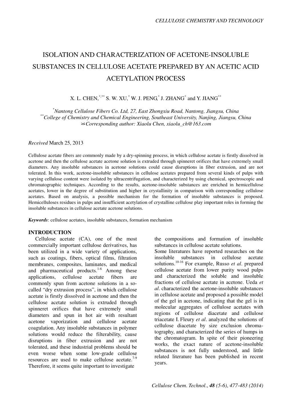 Isolation and Characterization of Acetone-Insoluble Substances in Cellulose Acetate Prepared by an Acetic Acid Acetylation Process