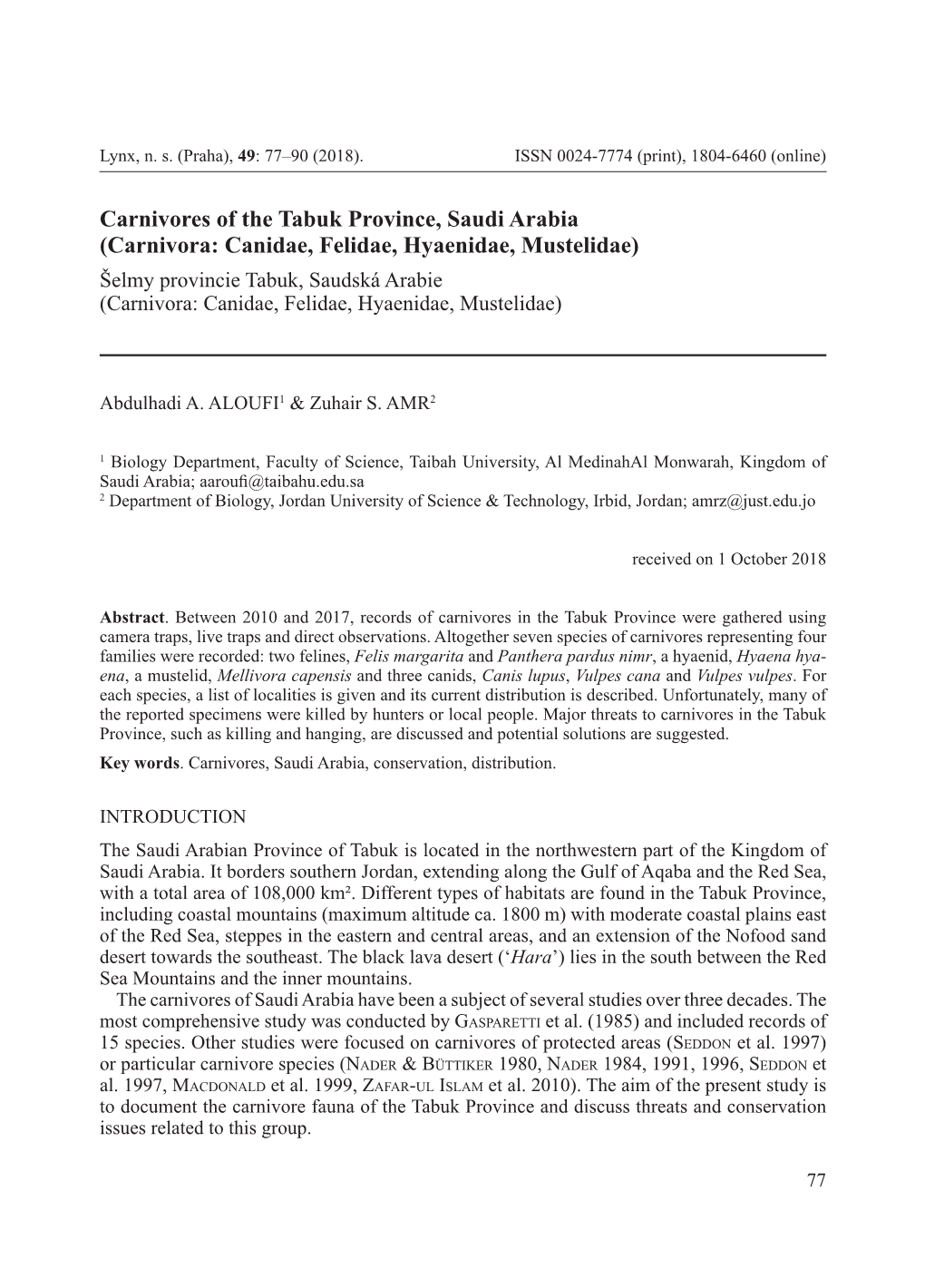 Carnivores of the Tabuk Province, Saudi Arabia (Carnivora: Canidae