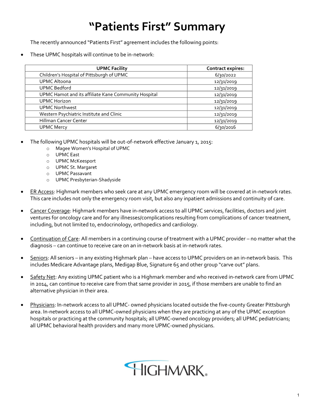 Access to Upmc for Highmark Members in 2015