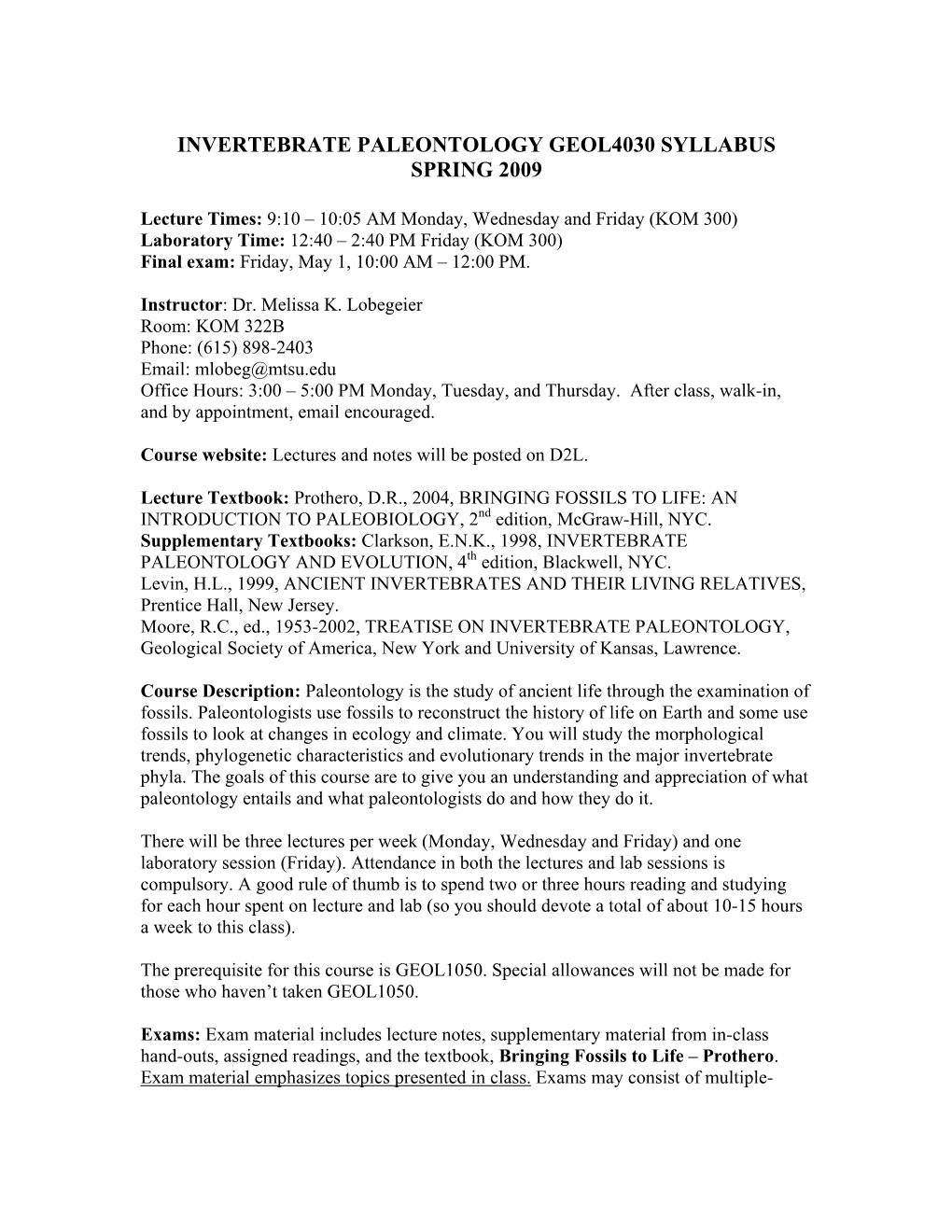 Invertebrate Paleontology Geol4030 Syllabus Spring 2009