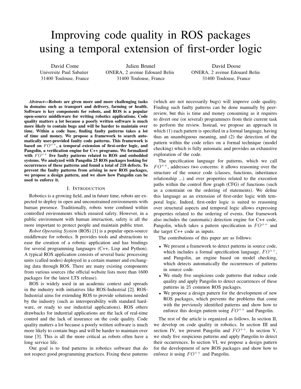 Improving Code Quality in ROS Packages Using a Temporal Extension of ﬁrst-Order Logic