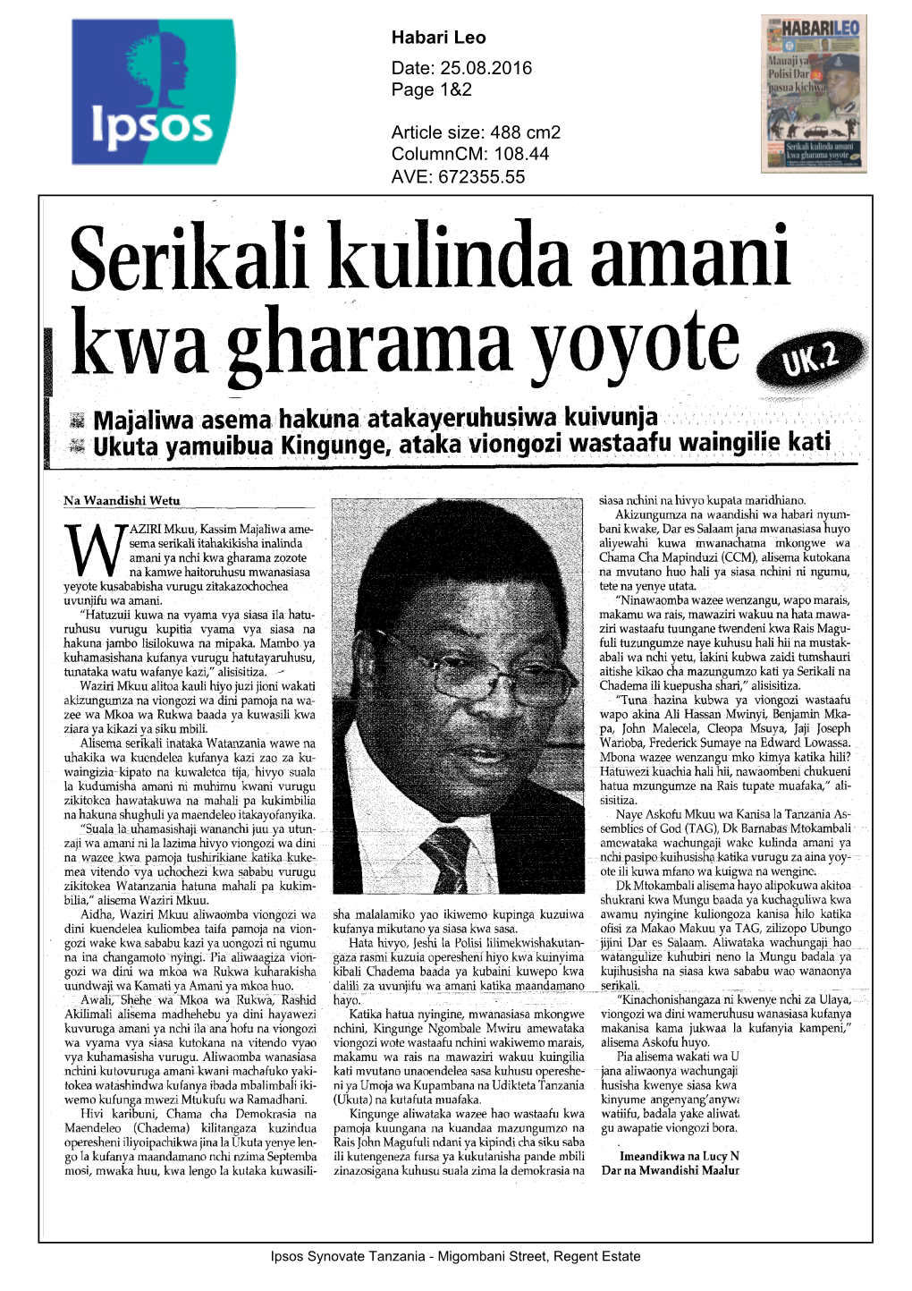 I Kwa Gharama Yoyote ^P * Majaliwa Asema Hakuna Atakayeruhusiwa Kuivunja Ukuta Yamuibua Kingunge, Ataka Viongozi Wastaafu Waingilie Kati