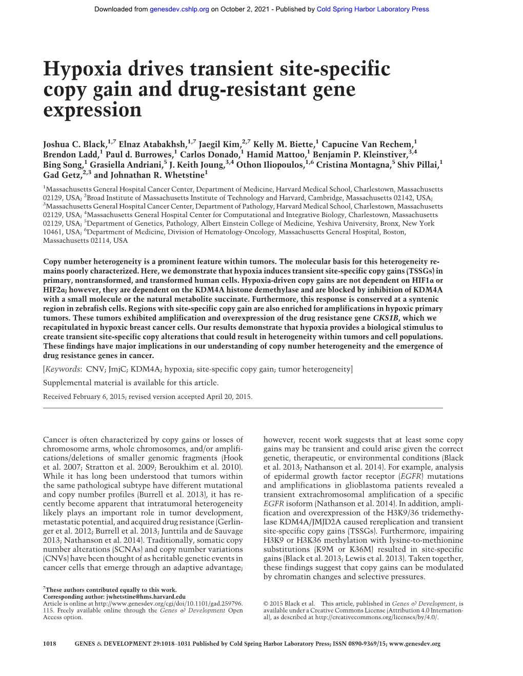 Hypoxia Drives Transient Site-Specific Copy Gain and Drug-Resistant Gene Expression