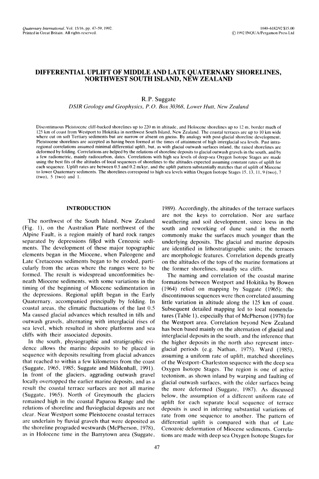 Differential Uplift of Middle and Late Quaternary Shorelines, Northwest South Island, New Zealand Introduction