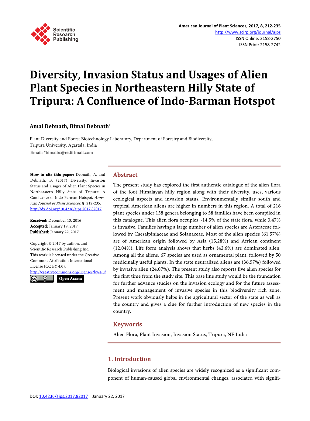 Diversity, Invasion Status and Usages of Alien Plant Species in Northeastern Hilly State of Tripura: a Confluence of Indo-Barman Hotspot