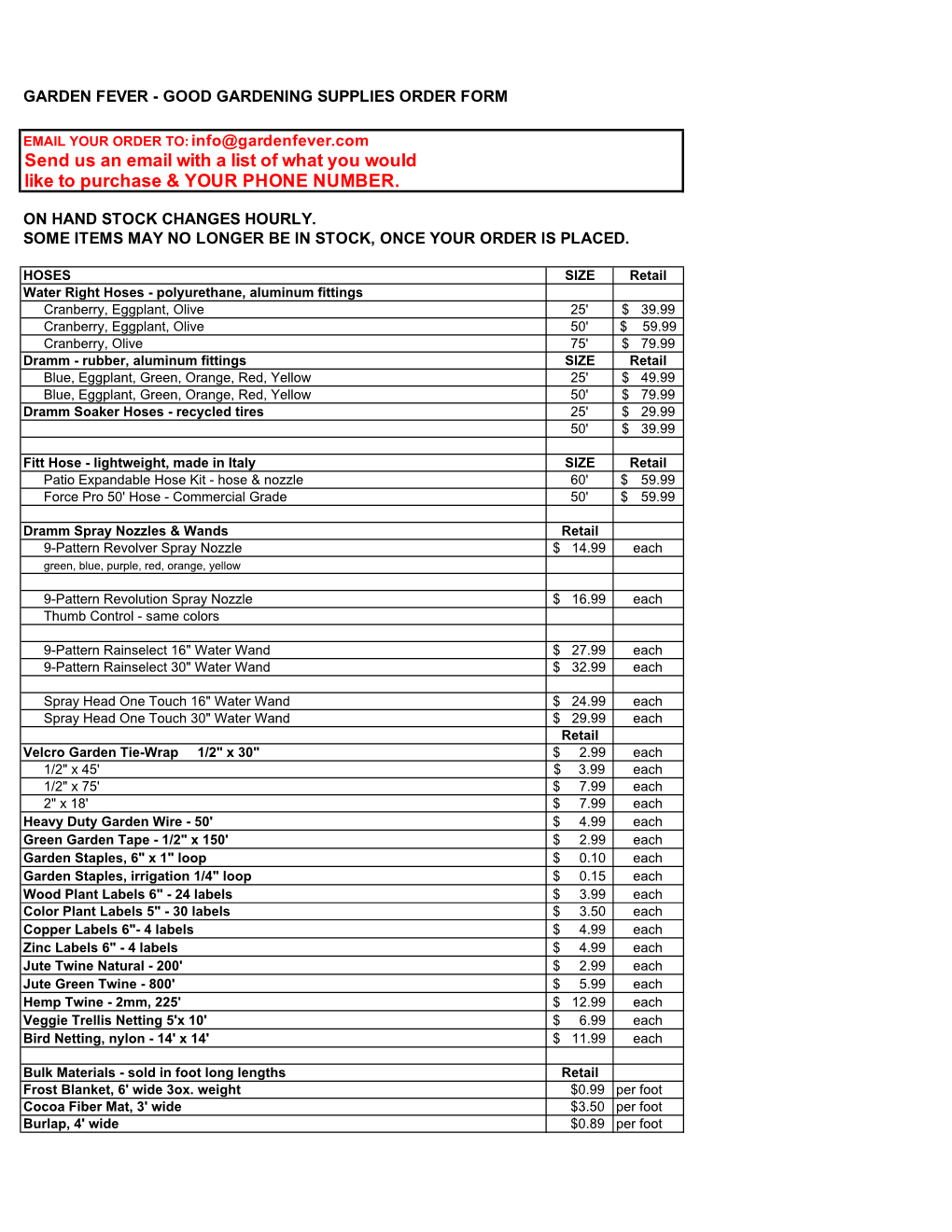 Good Gardening Supplies Order Form