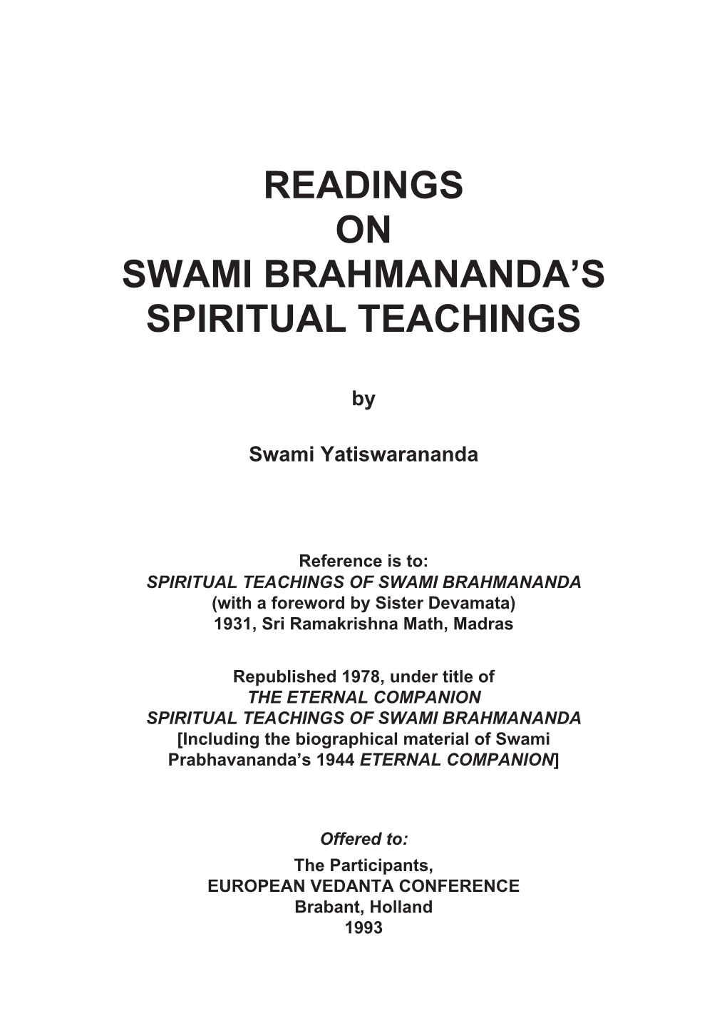 Readings on the Spiritual Teachings of Swami Brahmananda