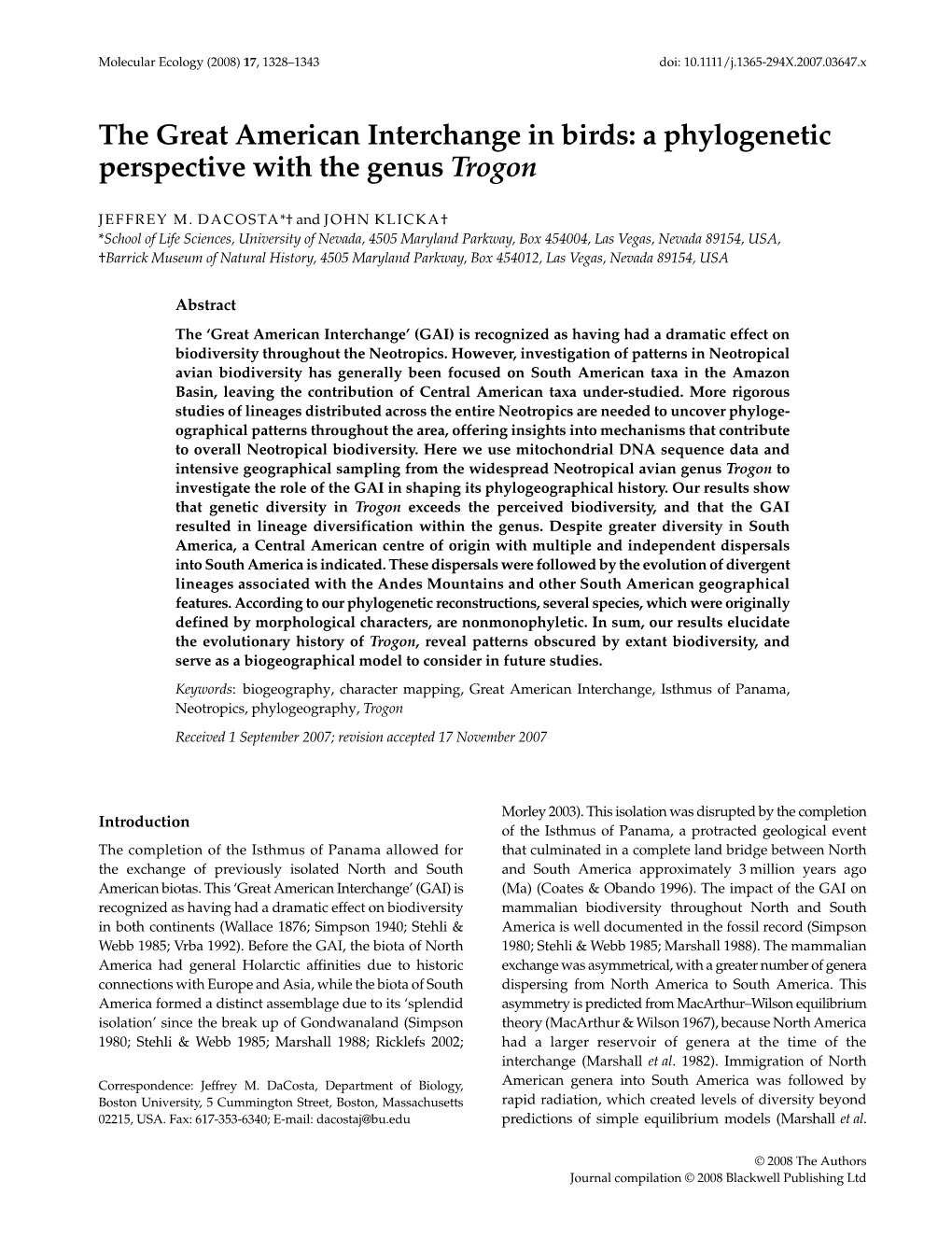 A Phylogenetic Perspective with the Genus Trogon