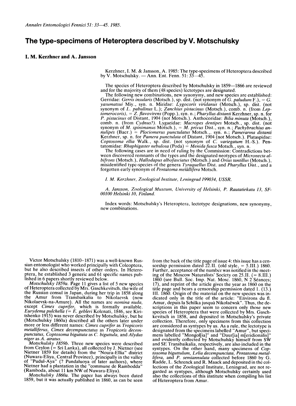 The Type-Specimens of Heteroptera Described by V. Motschulsky