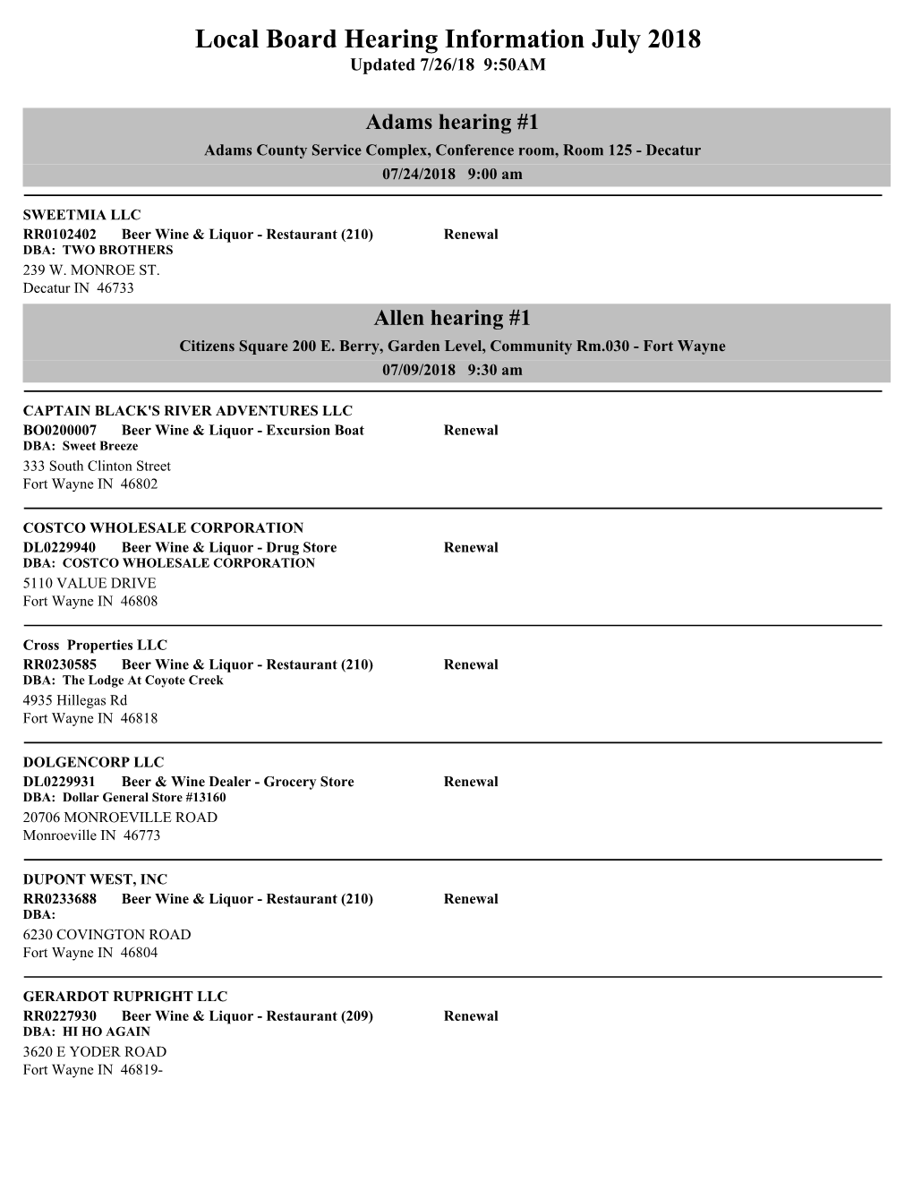 Local Board Hearing Information July 2018 Updated 7/26/18 9:50AM