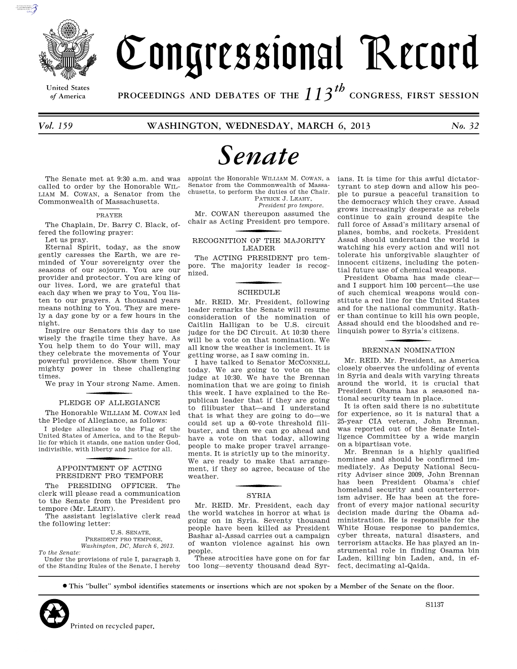 Congressional Record United States Th of America PROCEEDINGS and DEBATES of the 113 CONGRESS, FIRST SESSION