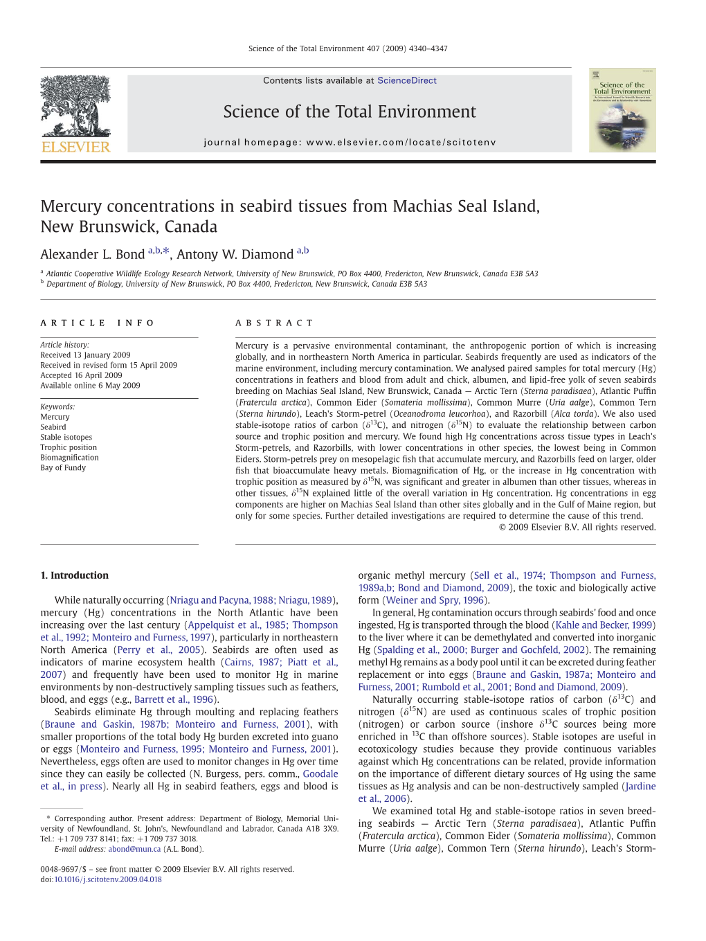 Mercury Concentrations in Seabird Tissues from Machias Seal Island, New Brunswick, Canada