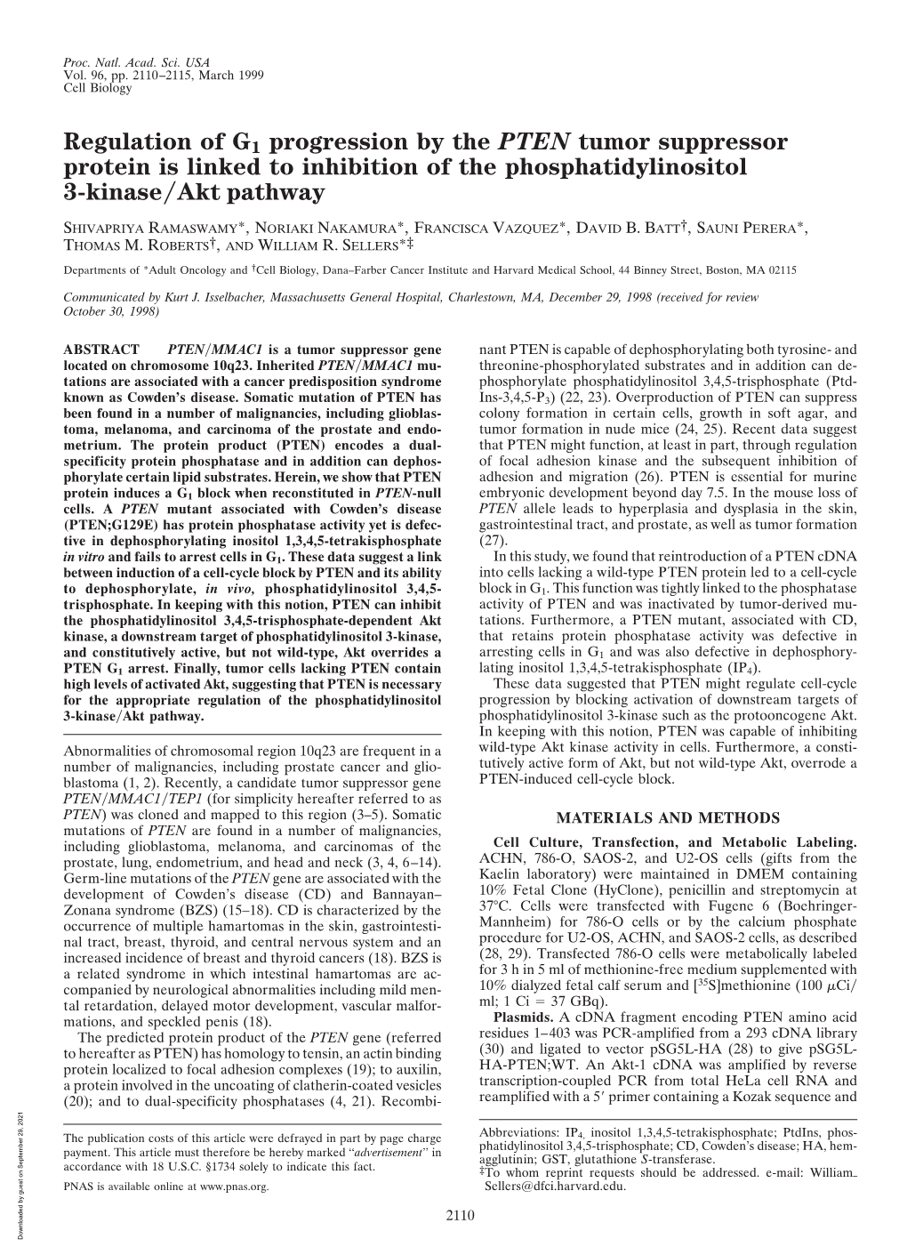 Regulation of G1 Progression by the PTEN Tumor Suppressor Protein Is Linked to Inhibition of the Phosphatidylinositol 3-Kinase͞akt Pathway