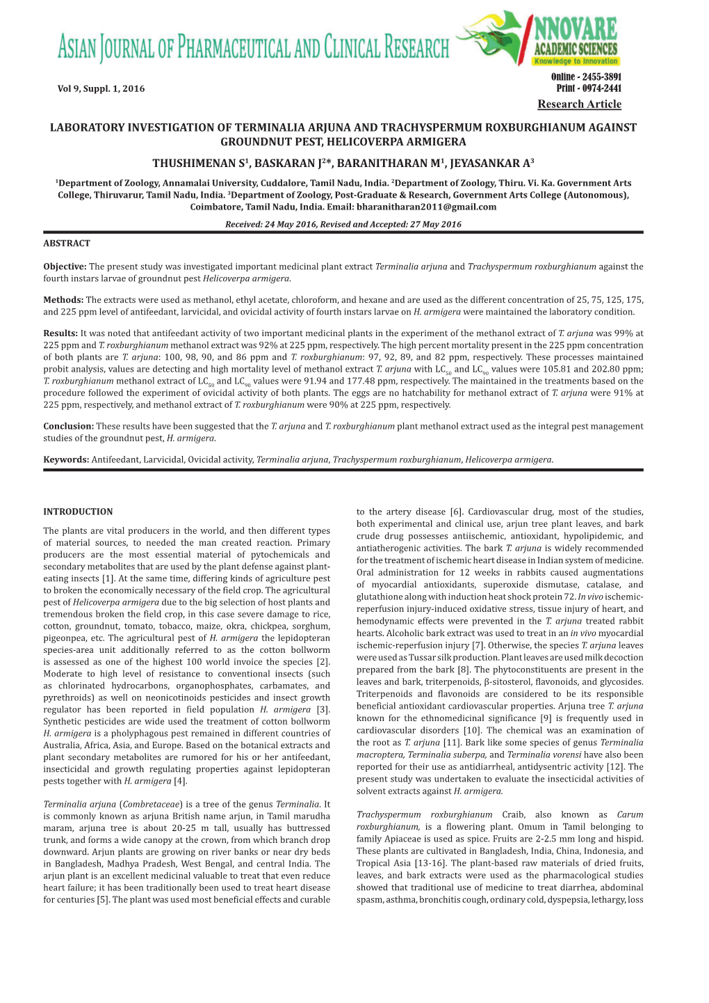 Laboratory Investigation of Terminalia Arjuna and Trachyspermum