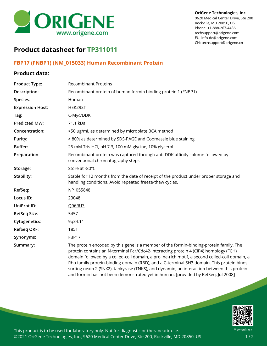 FBP17 (FNBP1) (NM 015033) Human Recombinant Protein Product Data