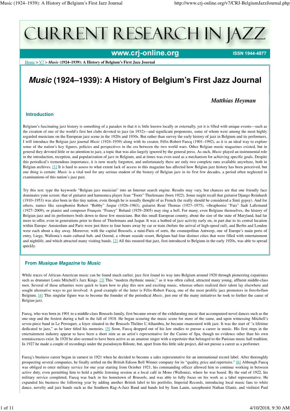 Music \(1924\2261939\): a History of Belgium\222S First Jazz Journal