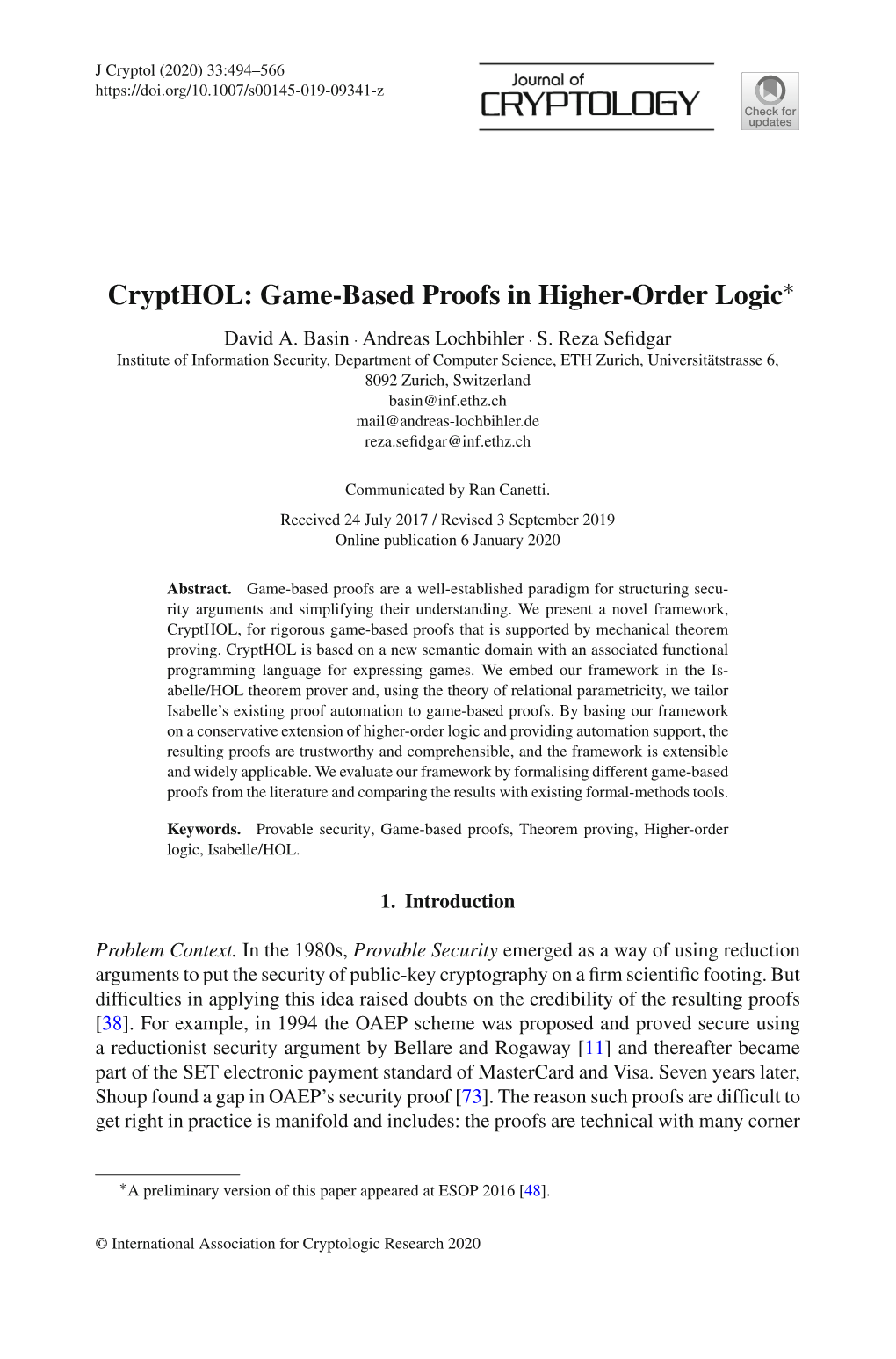 Crypthol: Game-Based Proofs in Higher-Order Logic∗ David A