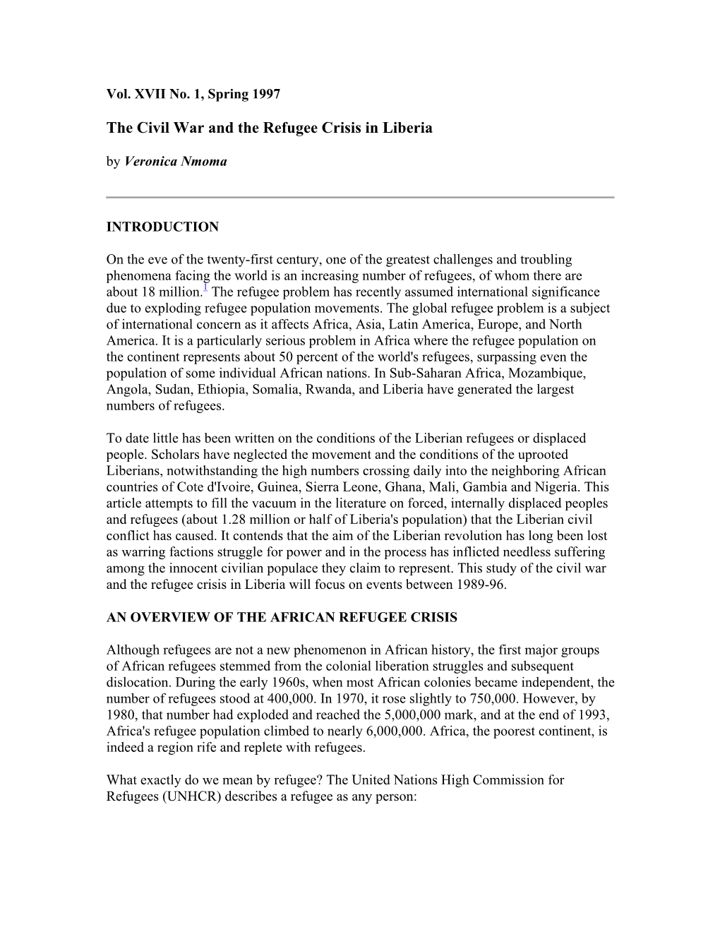 The Civil War and the Refugee Crisis in Liberia