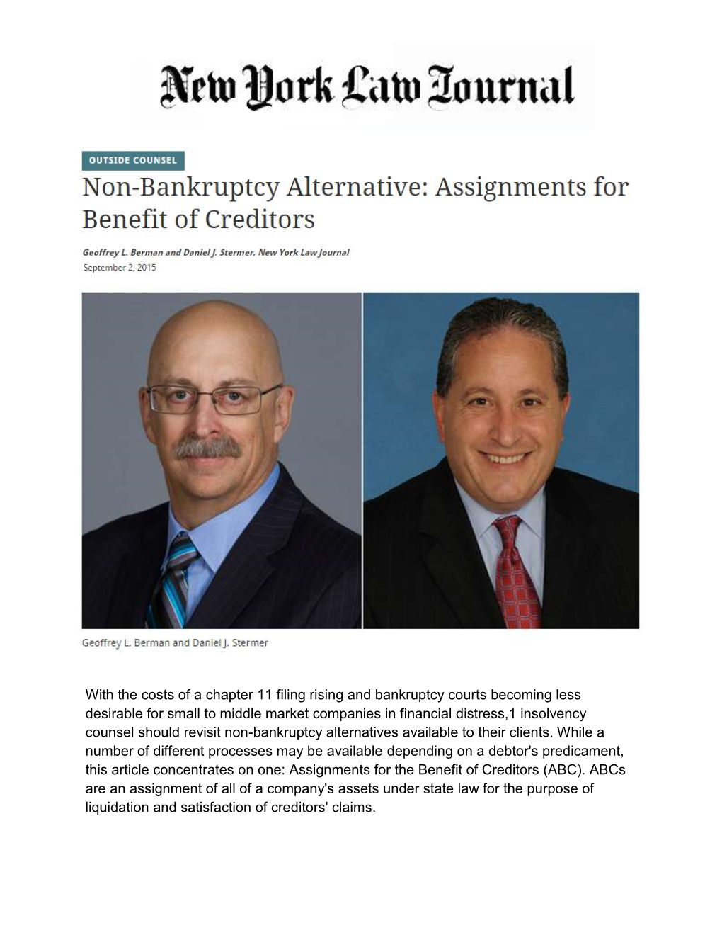 Non-Bankruptcy Alternative: Assignments for Benefit of Creditors