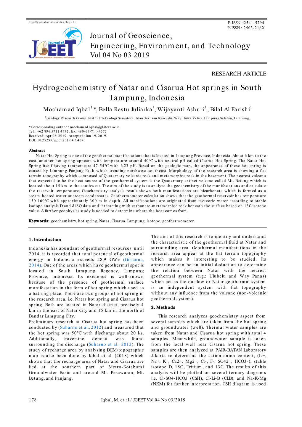 Journal of Geoscience, Engineering, Environment, and Technology