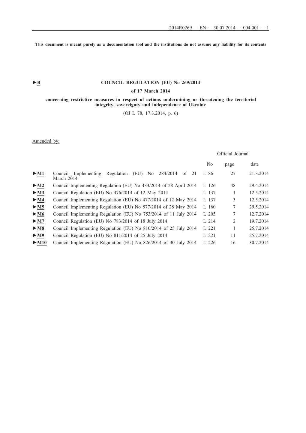 B COUNCIL REGULATION (EU) No 269/2014 of 17