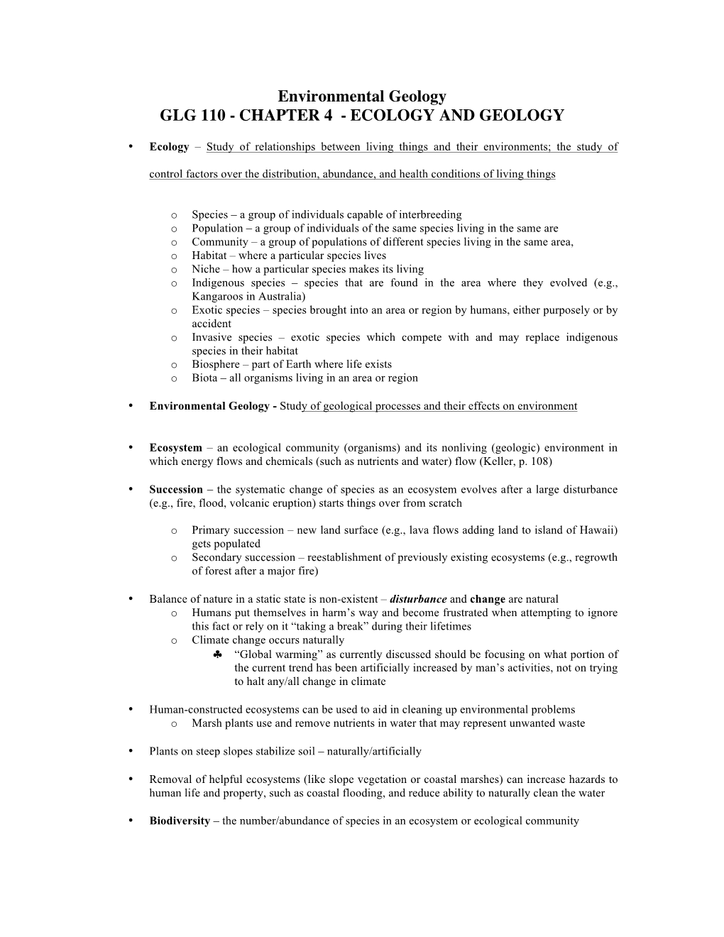 Environmental Geology GLG 110 - CHAPTER 4 - ECOLOGY and GEOLOGY