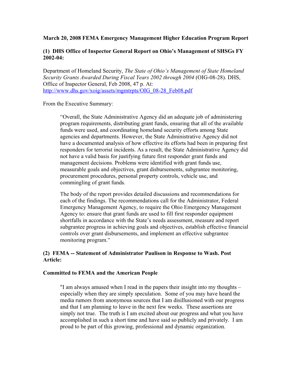 March 20, 2008 FEMA Emergency Management Higher Education Program Report