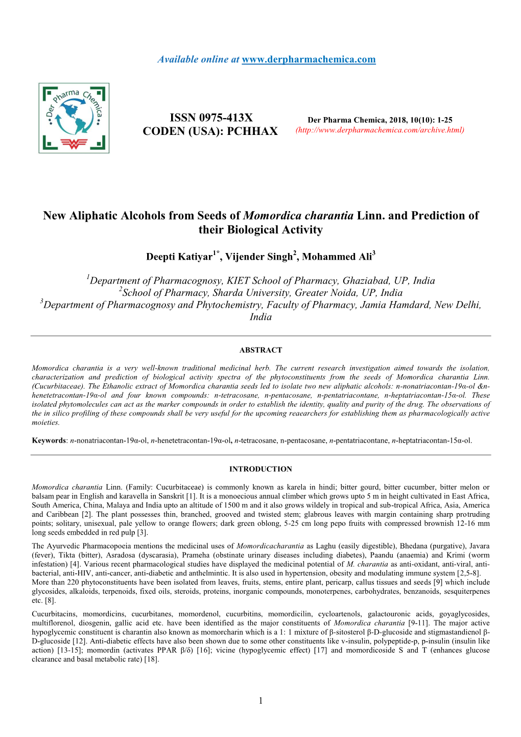 New Aliphatic Alcohols from Seeds of Momordica Charantia Linn. and Prediction of Their Biological Activity