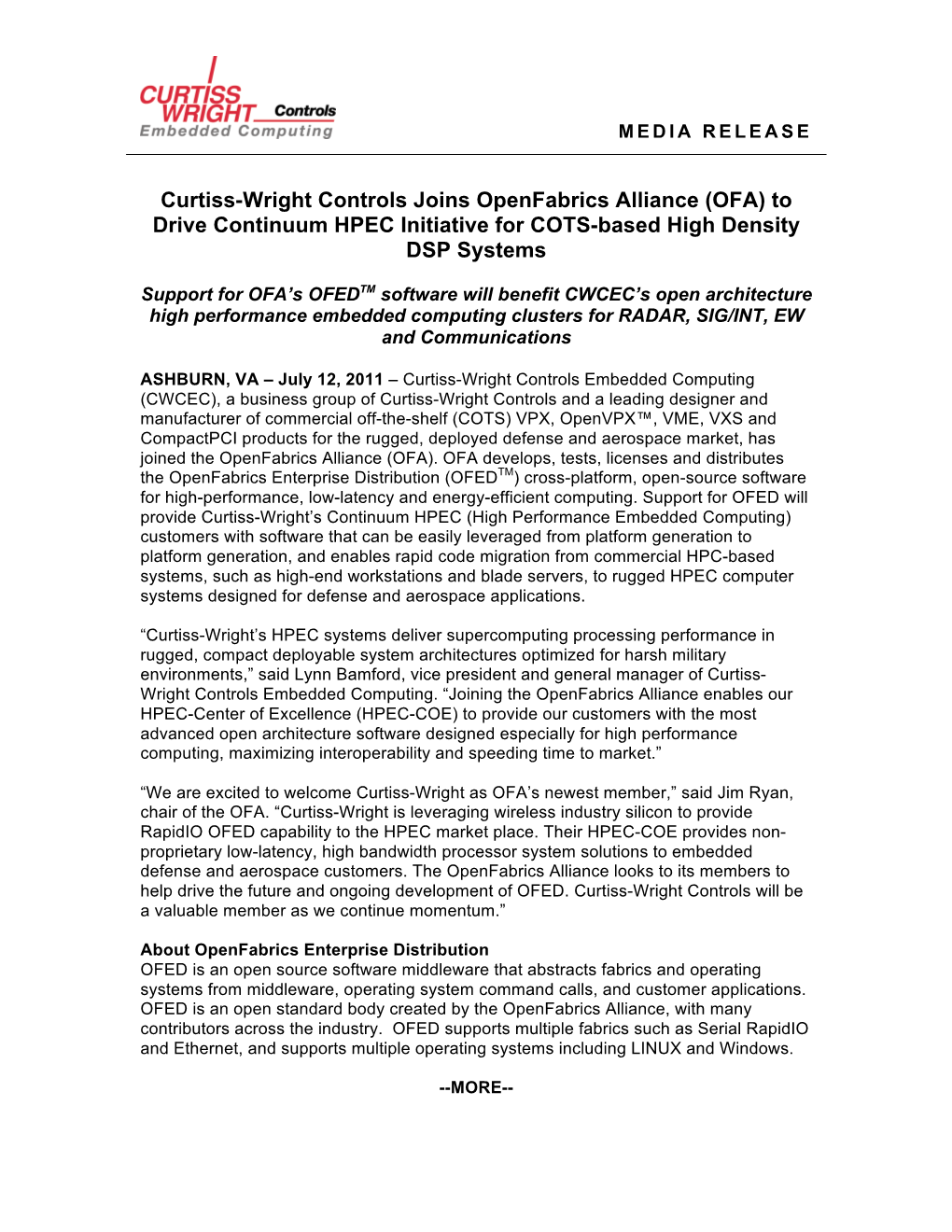 Curtiss-Wright Controls Joins Openfabrics Alliance (OFA) to Drive Continuum HPEC Initiative for COTS-Based High Density DSP Systems