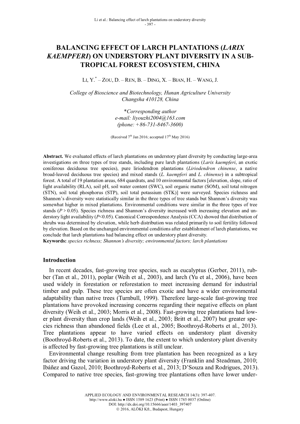 (Larix Kaempferi) on Understory Plant Diversity in Subtropical Forest