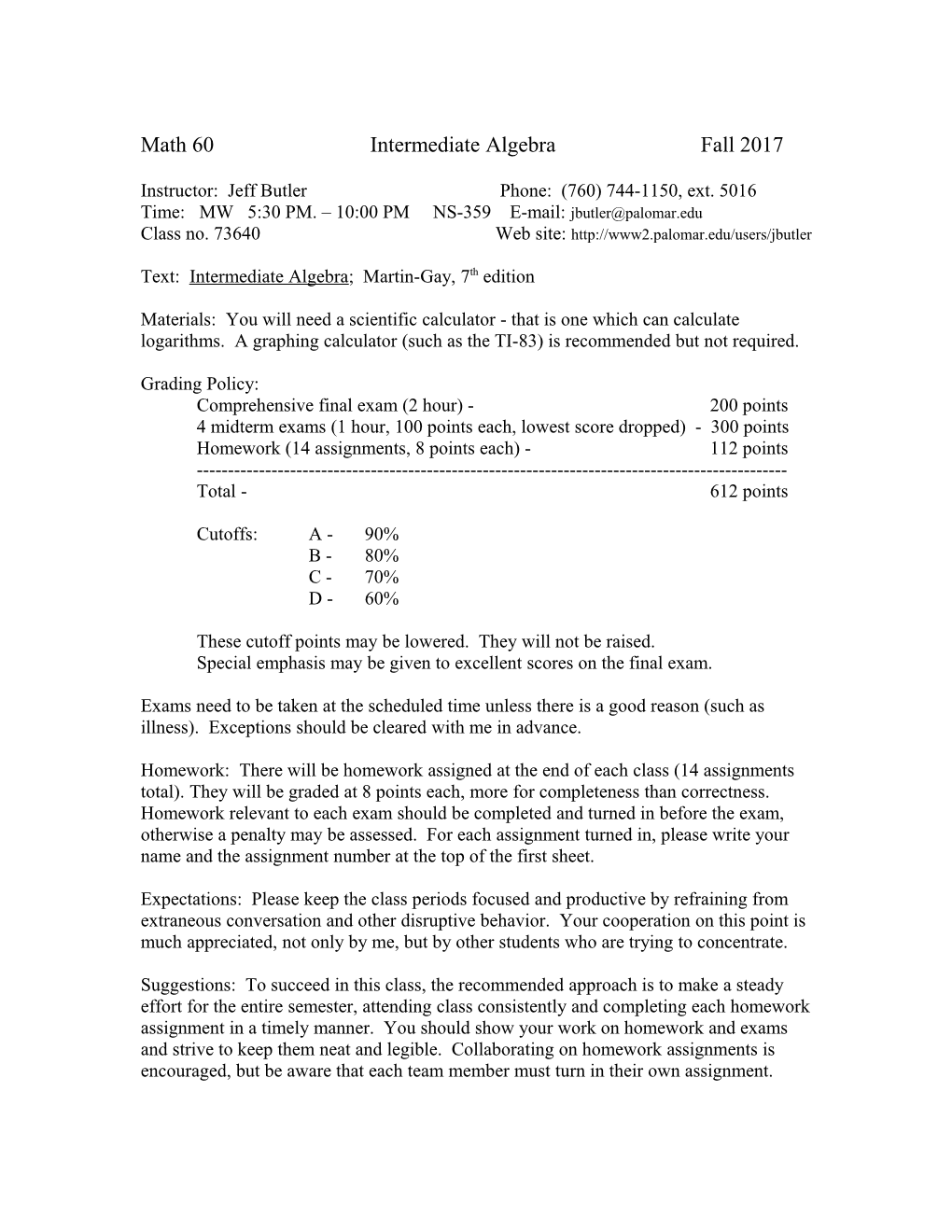 Math 60 Intermediate Algebra Fall 2017