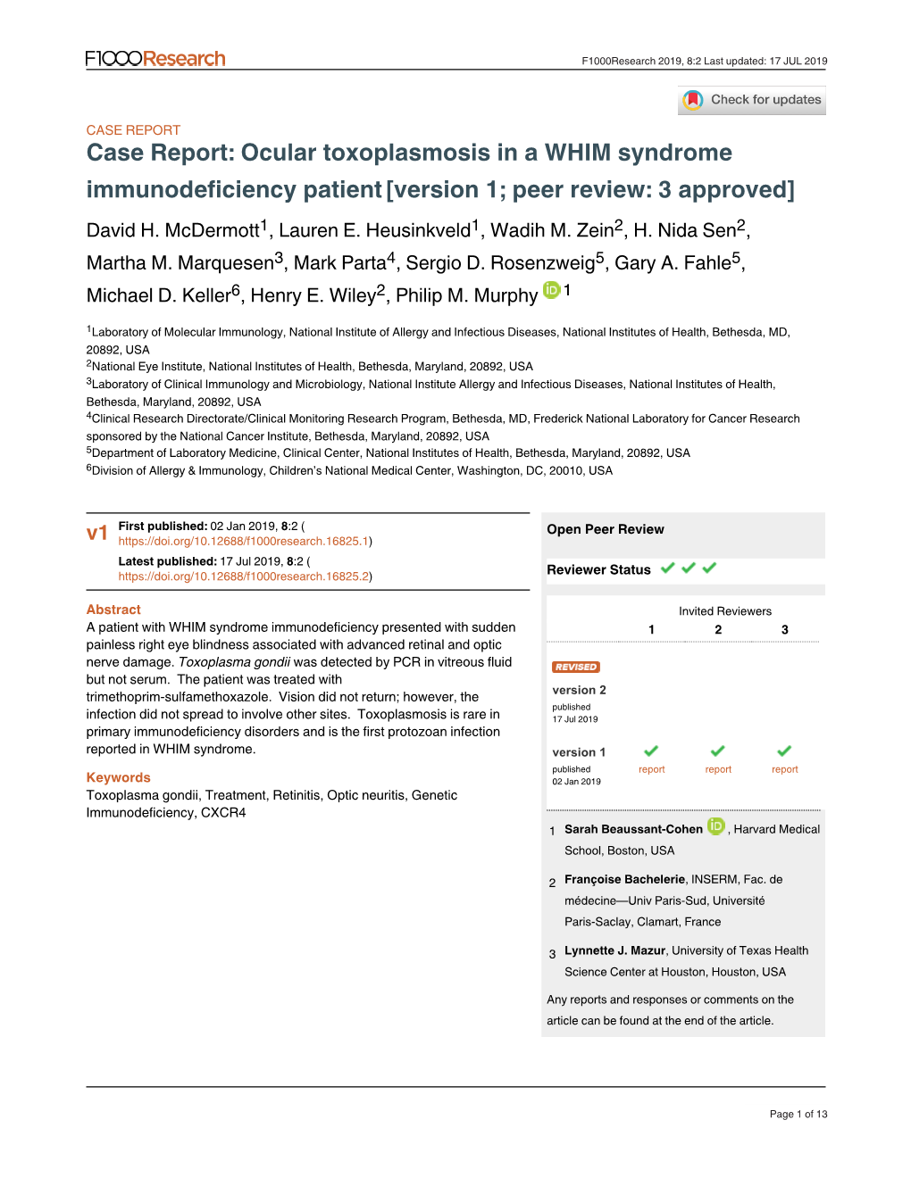 Ocular Toxoplasmosis in a WHIM Syndrome Immunodeficiency Patient[Version 1; Peer Review: 3 Approved]