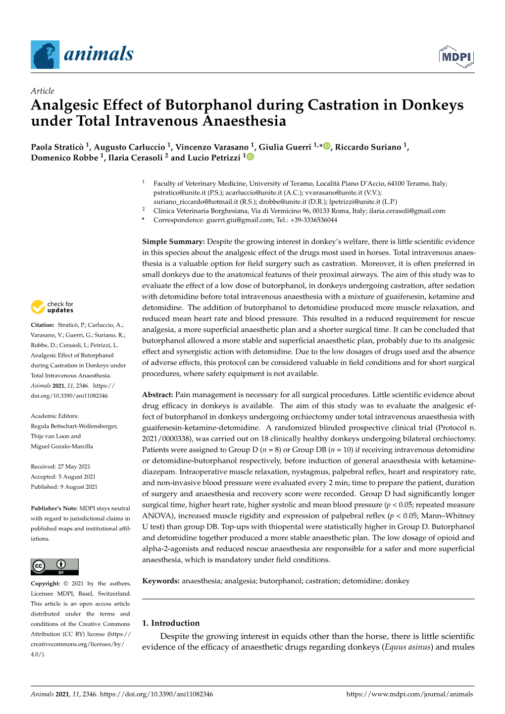 Analgesic Effect of Butorphanol During Castration in Donkeys Under Total Intravenous Anaesthesia