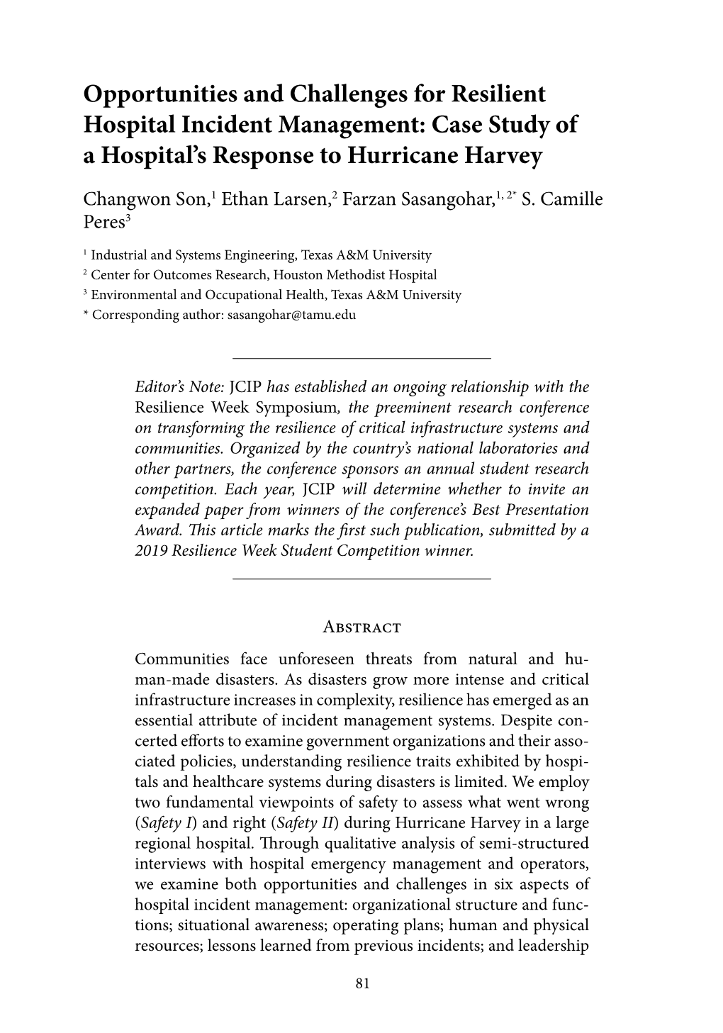 Opportunities and Challenges for Resilient Hospital Incident Management: Case Study of a Hospital’S Response to Hurricane Harvey