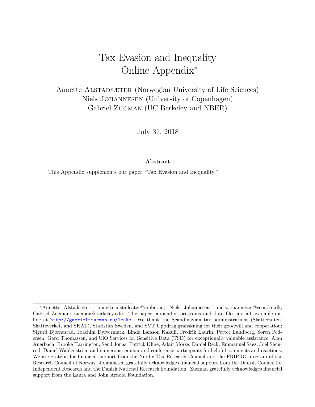 Tax Evasion and Inequality Online Appendix⇤