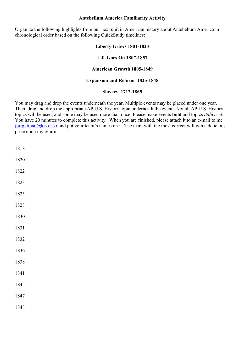 Antebellum America Familiarity Activity