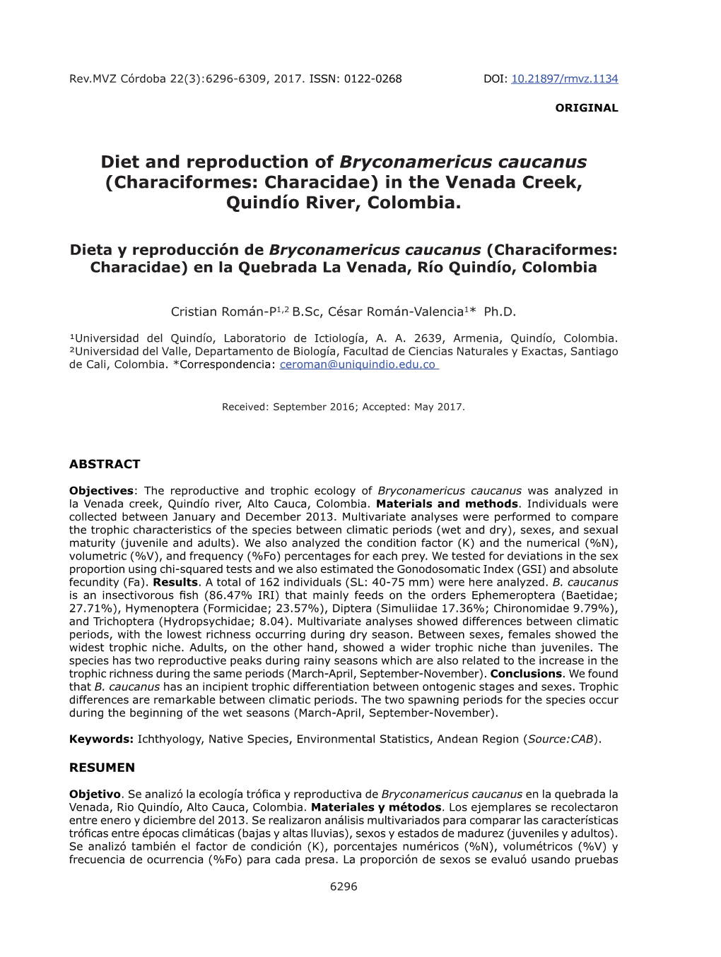 Diet and Reproduction of Bryconamericus Caucanus (Characiformes: Characidae) in the Venada Creek, Quindío River, Colombia