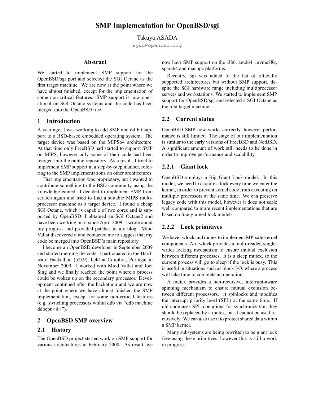 SMP Implementation for Openbsd/Sgi Takuya ASADA Syuu@Openbsd.Org