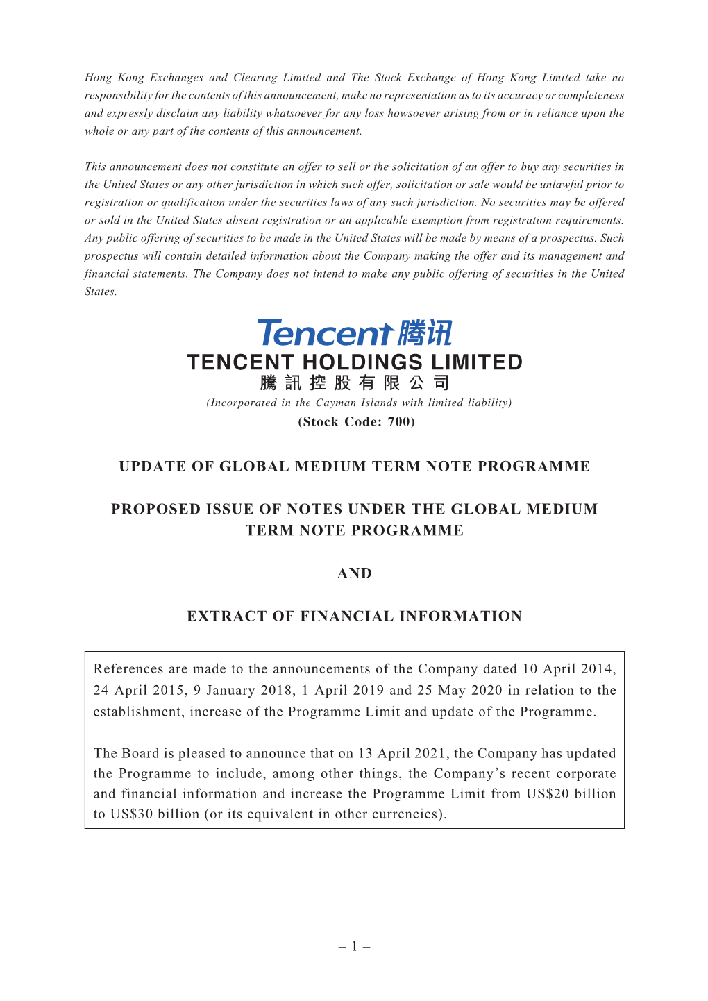 Update of Global Medium Term Note Programme Proposed Issue of Notes Under the Global Medium Term Note Programme and Extract of F