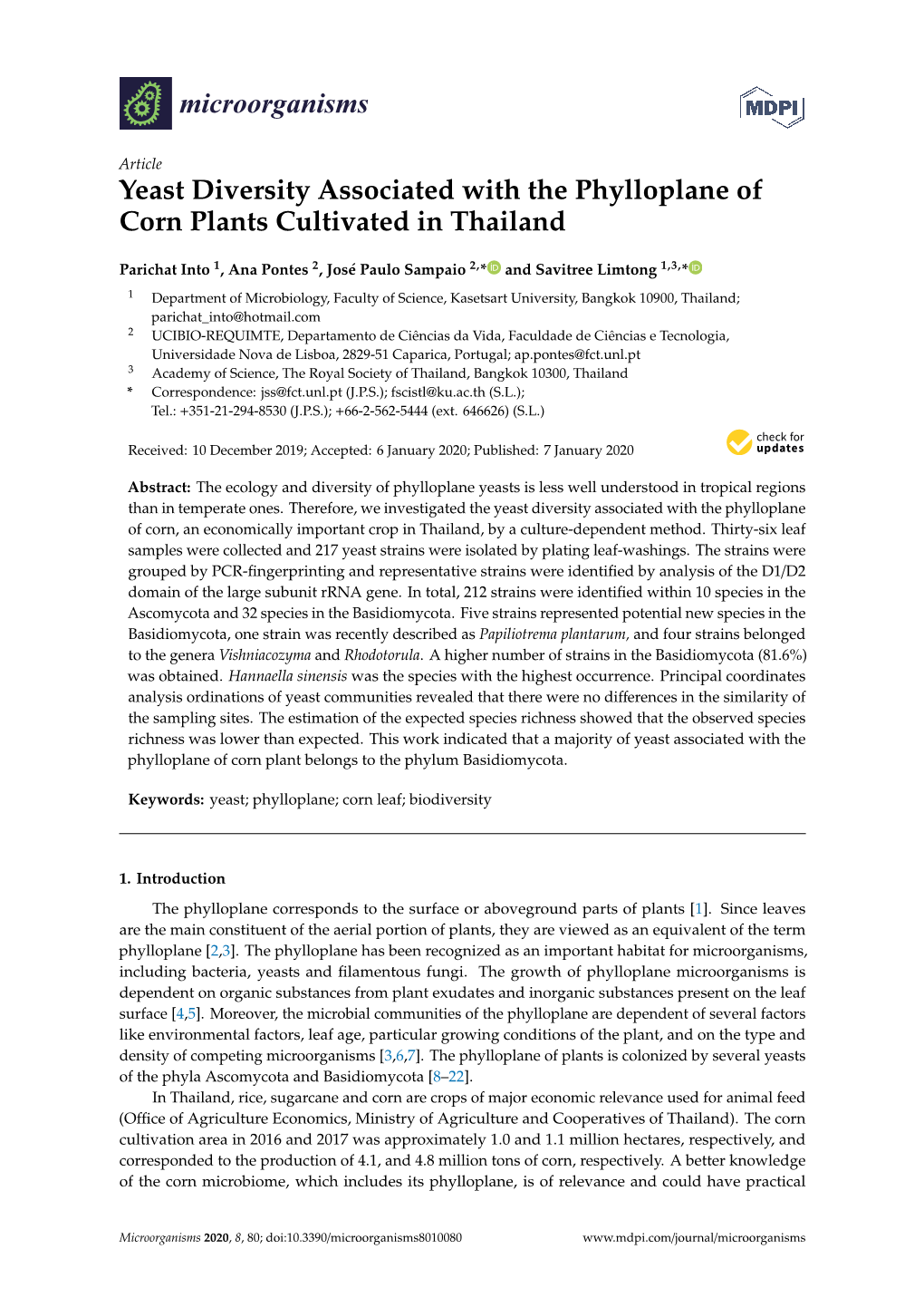 Yeast Diversity Associated with the Phylloplane of Corn Plants Cultivated in Thailand