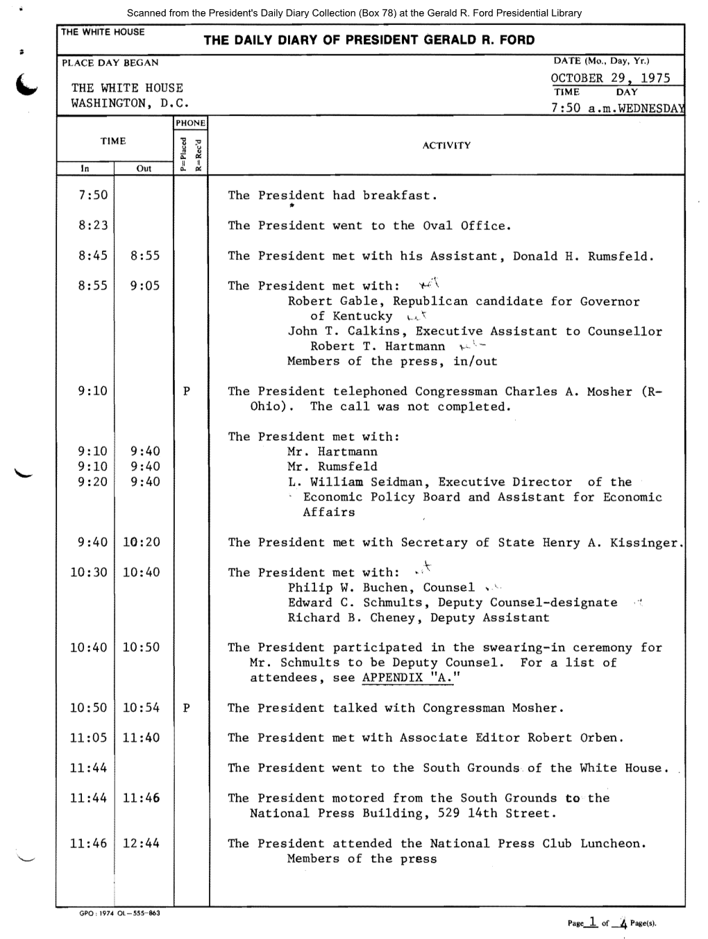 October 29, 1975 the White House Time Day Washington, D.C