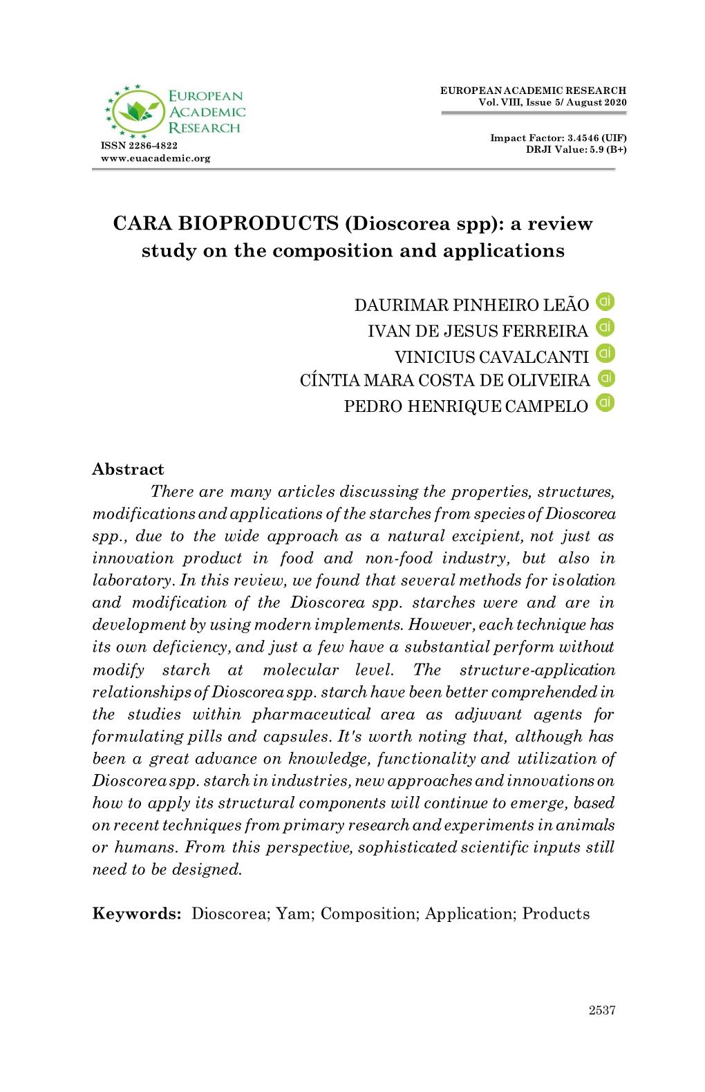 (Dioscorea Spp): a Review Study on the Composition and Applications