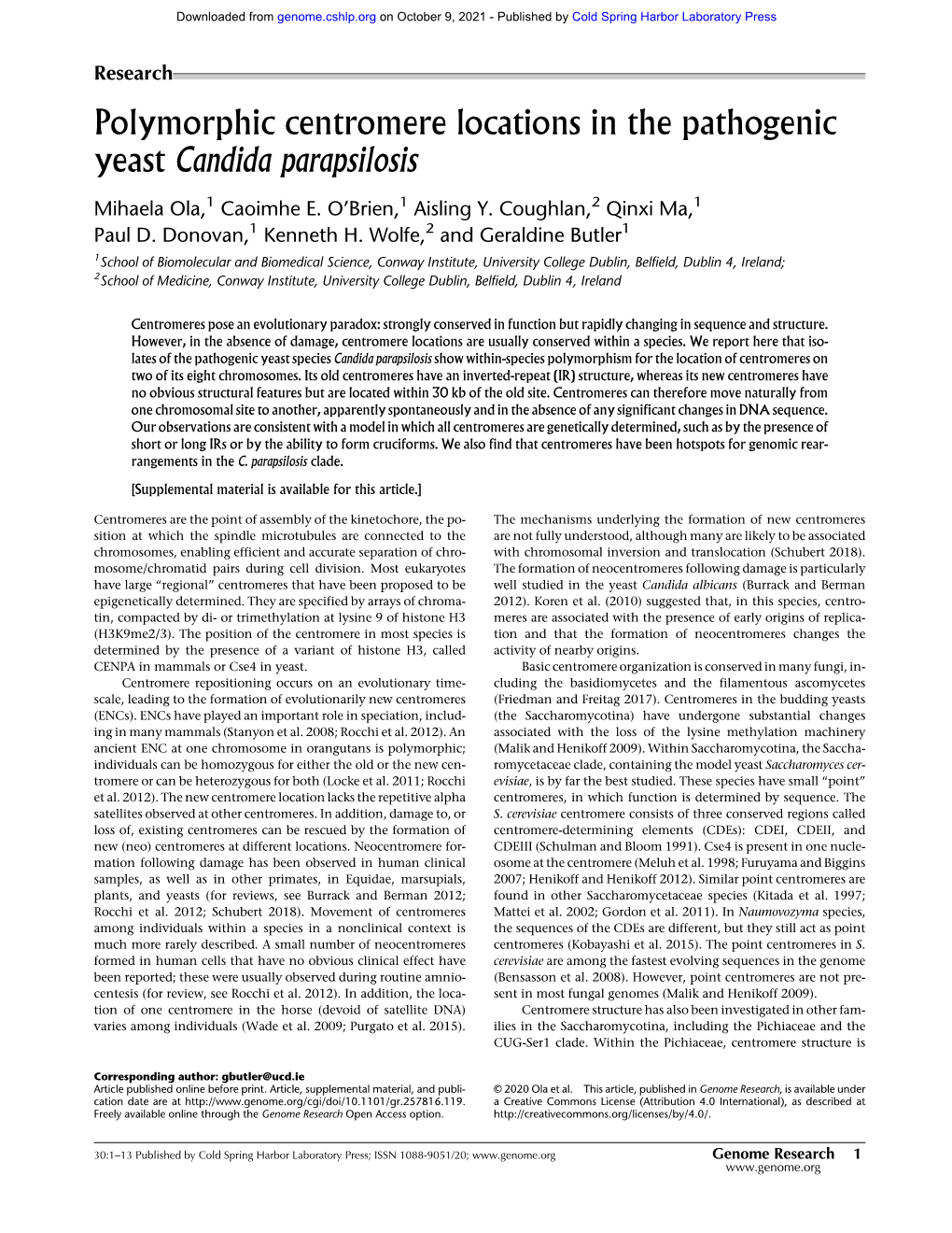 Polymorphic Centromere Locations in the Pathogenic Yeast Candida Parapsilosis