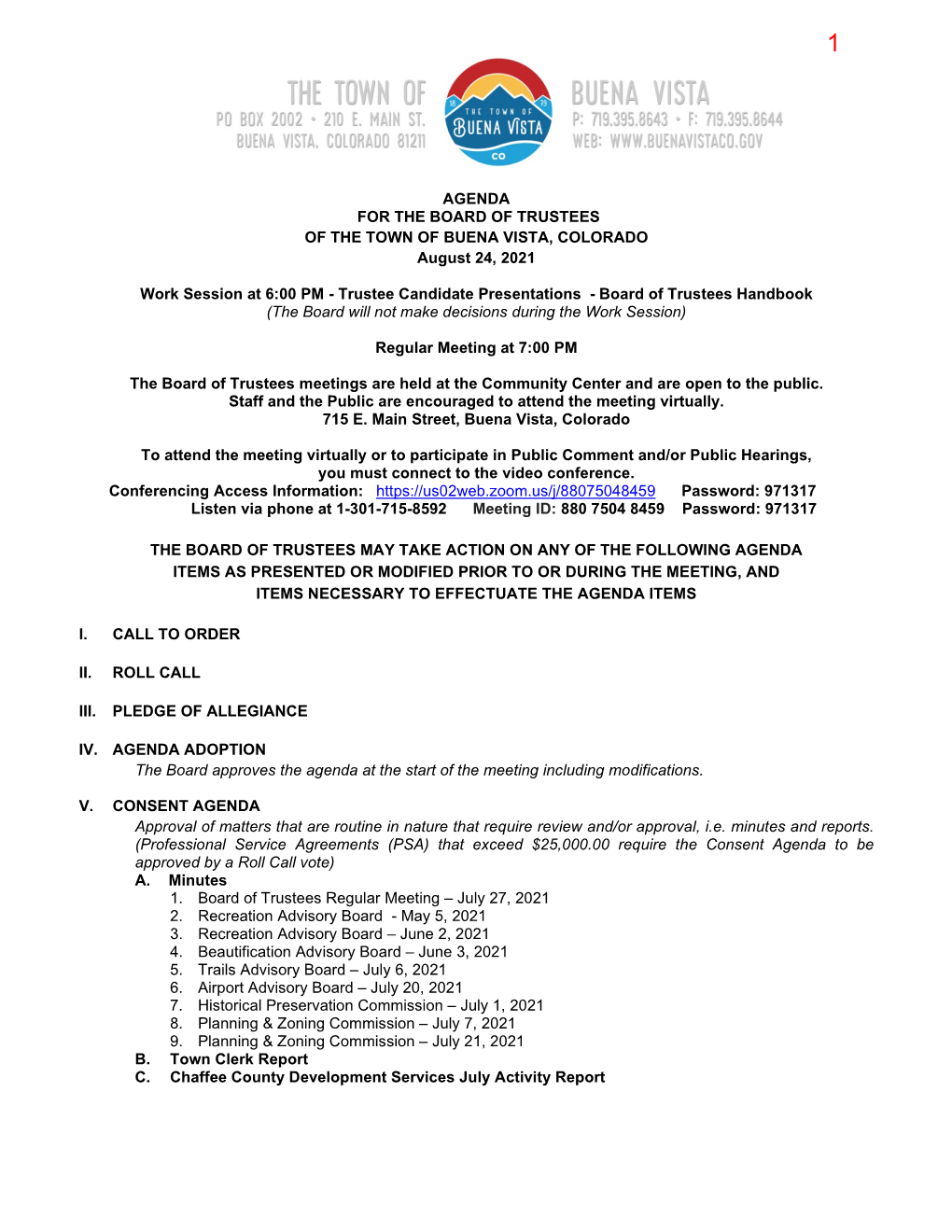 AGENDA for the BOARD of TRUSTEES of the TOWN of BUENA VISTA, COLORADO August 24, 2021