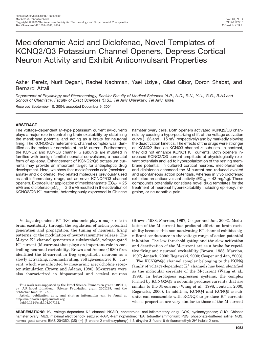 Meclofenamic Acid and Diclofenac, Novel Templates of KCNQ2/Q3 Potassium Channel Openers, Depress Cortical Neuron Activity and Exhibit Anticonvulsant Properties