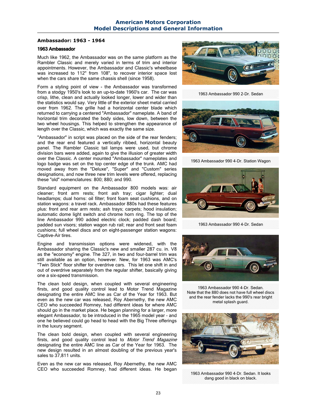 American Motors Corporation Model Descriptions and General Information