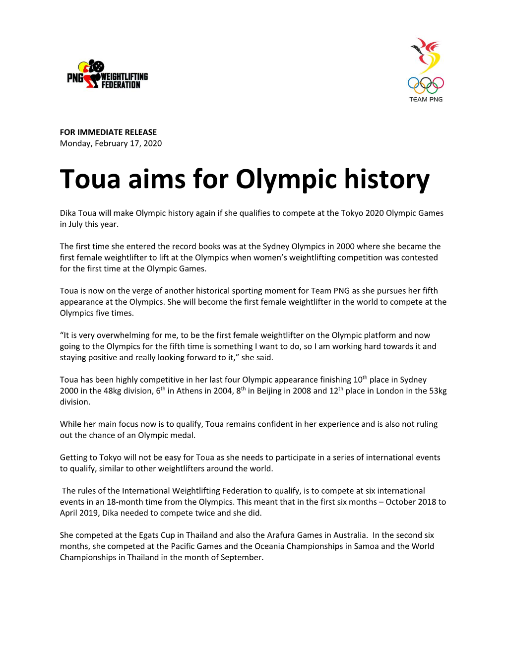 Toua Aims for Olympic History PR-17-02-20-FINAL