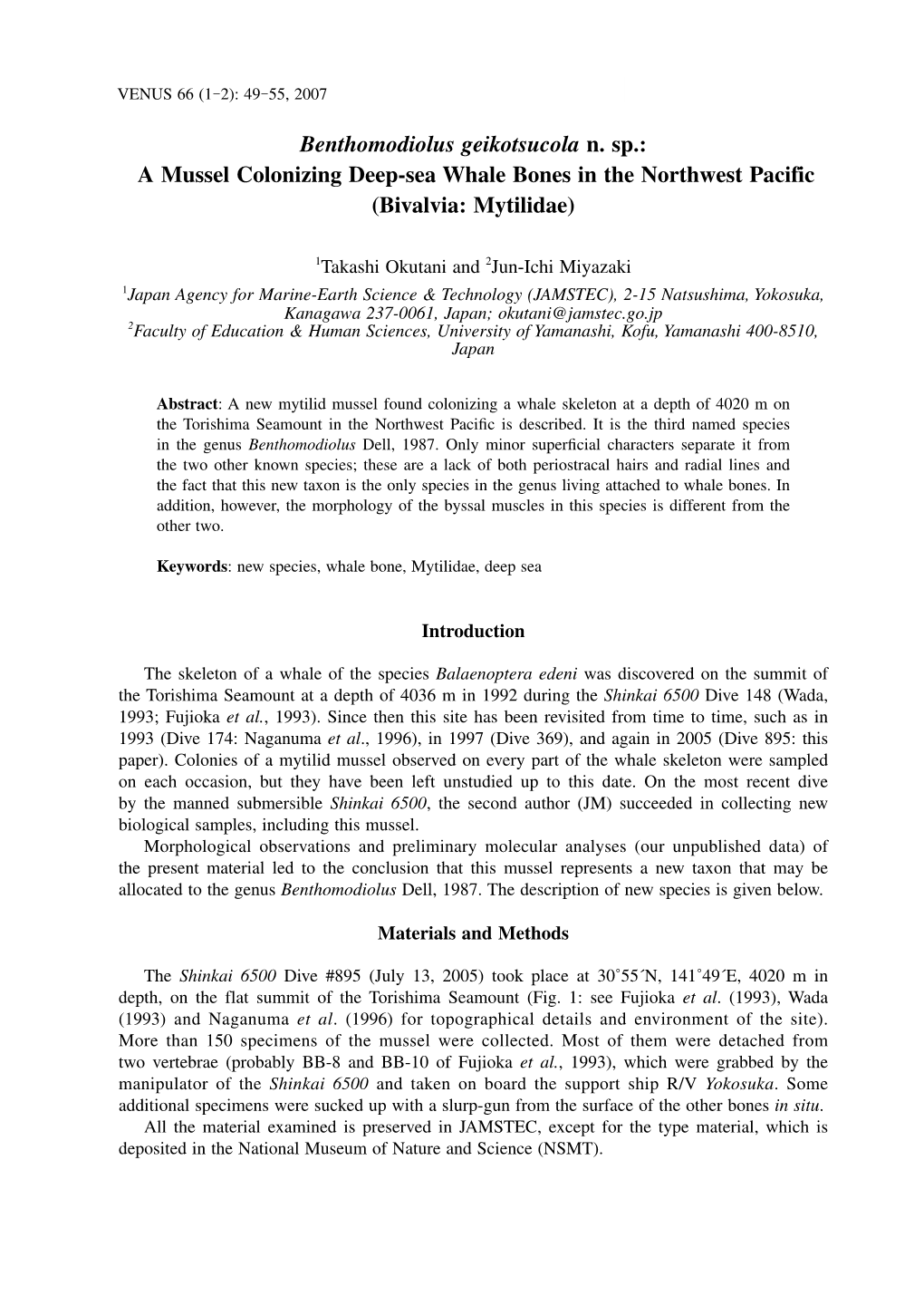 A Mussel Colonizing Deep-Sea Whale Bones in the Northwest Pacific (Bivalvia: Mytilidae)